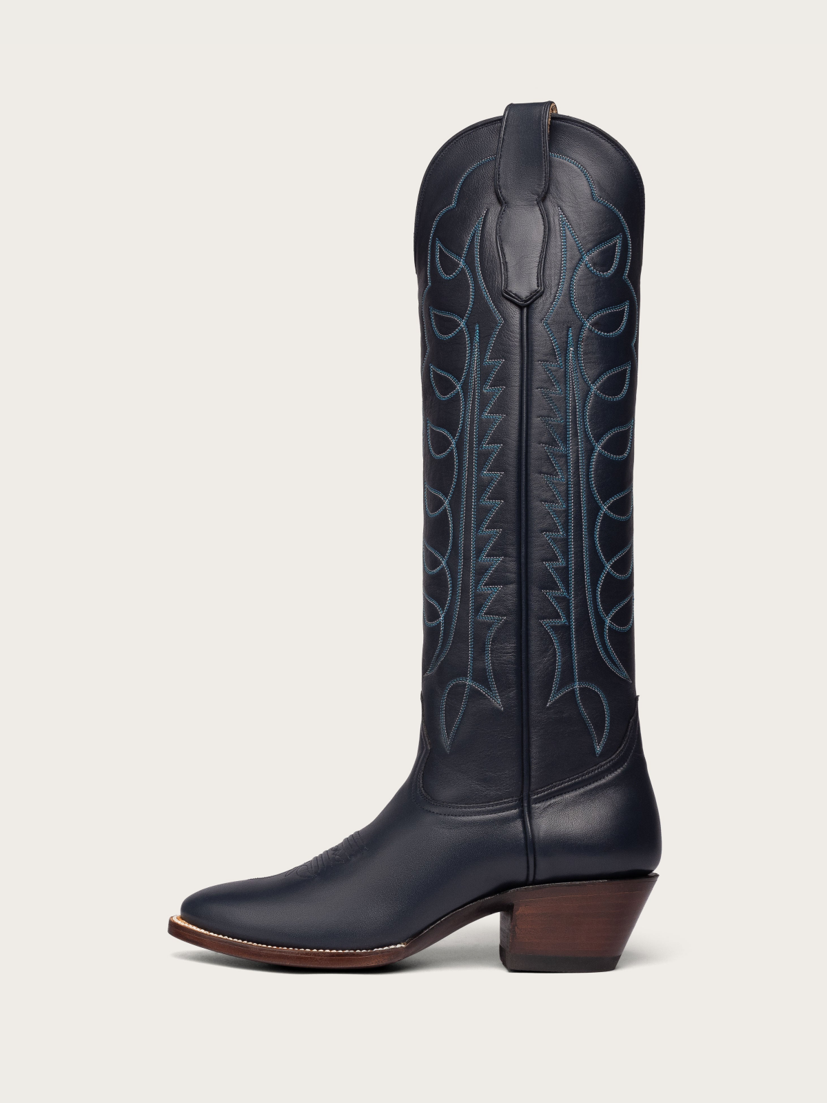 Navy Blue Embroidery Almond-Toe Wide Mid Calf Tall Cowboy Boots For Women