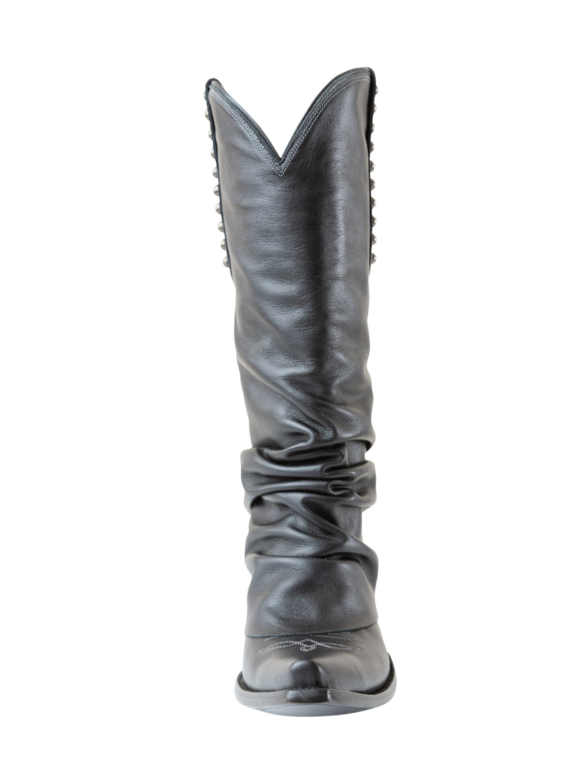 Black Snip-Toe Studded Tall Wide Mid Calf Fold-Over Slouch Cowgirl Boots