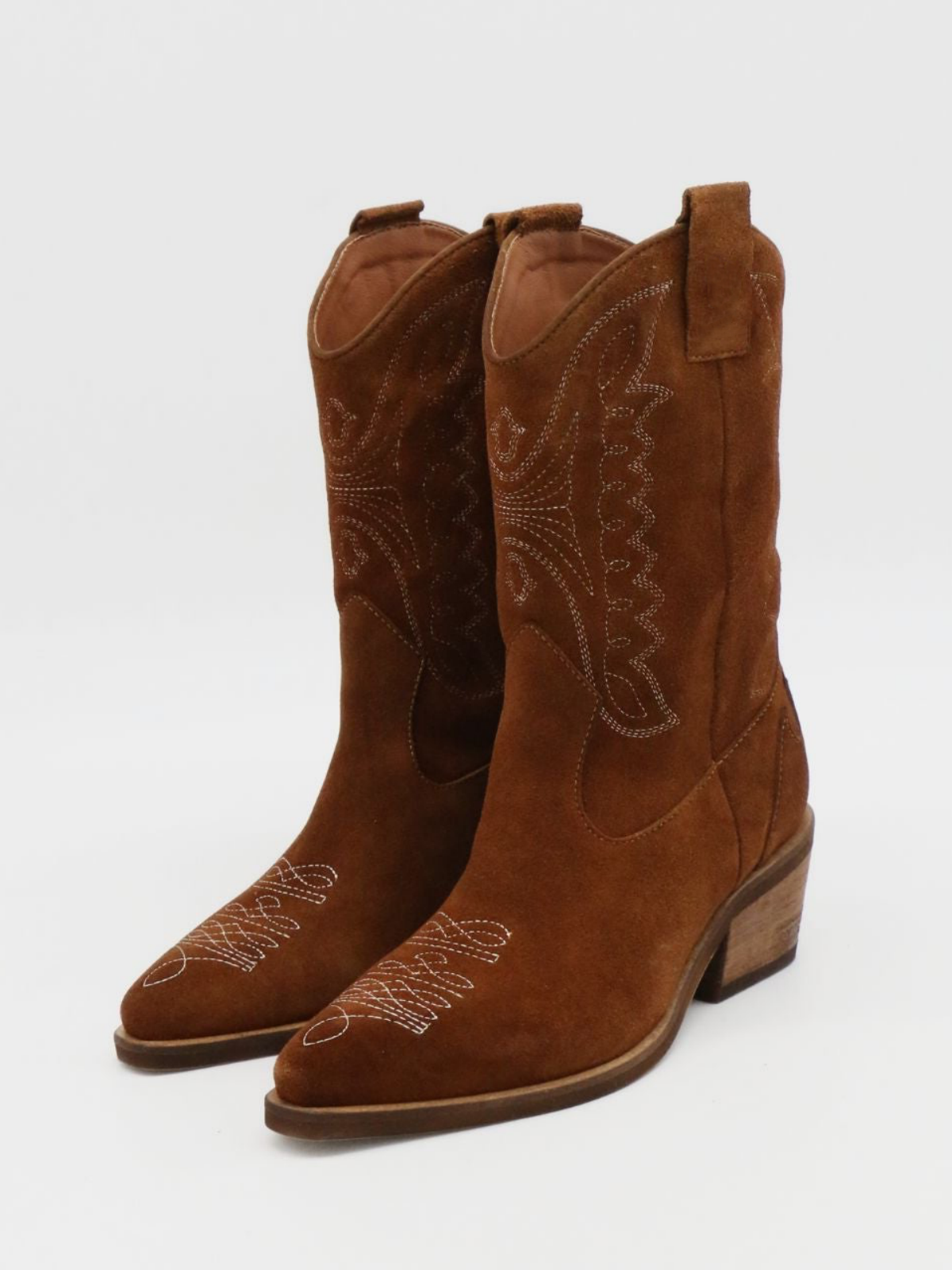 Caramel Faux Suede Snip-Toe Wings Embroidery Wide Mid Calf Cowgirl Boots