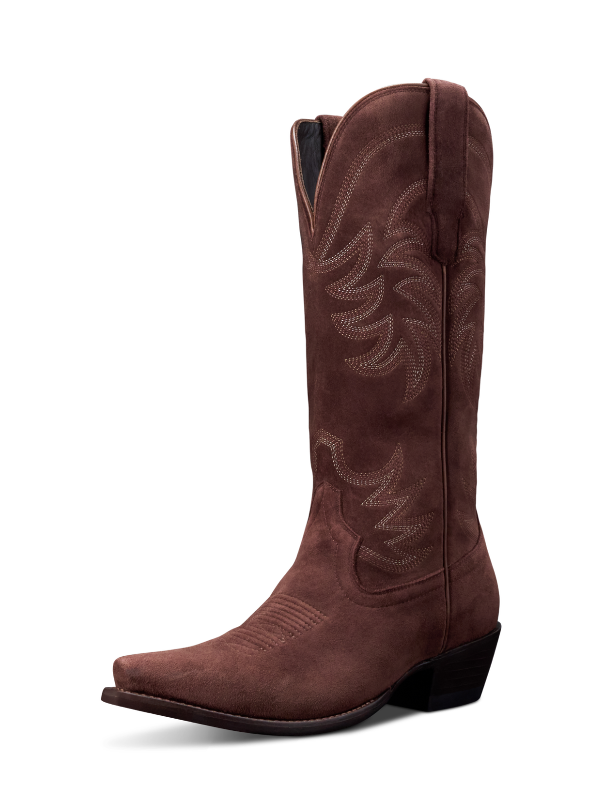 Coffee Faux Suede Snip-Toe Embroidery Wide Mid Calf Western Boots