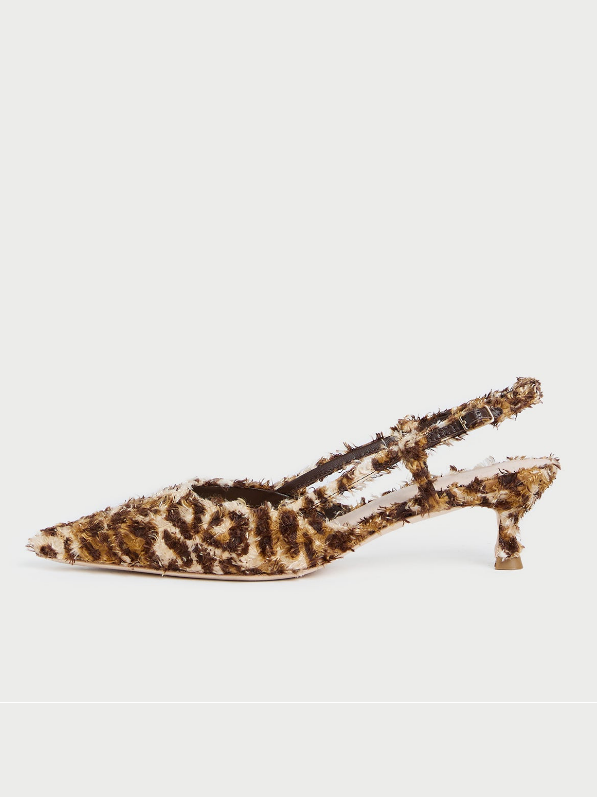 Leopard Plush Fabric Pointed-Toe Slingback Kitten Heels