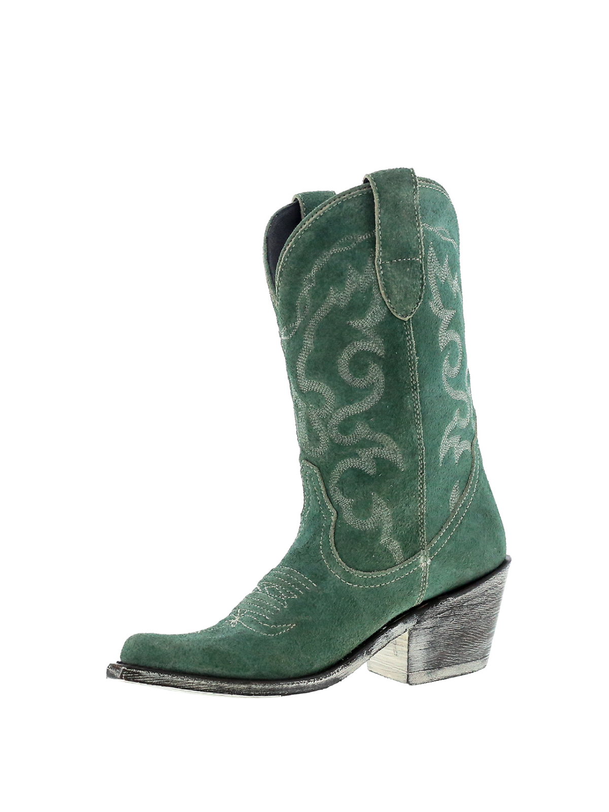 Embroidery Almond-Toe Wide Mid Calf Cowgirl Boots - Green Faux Suede