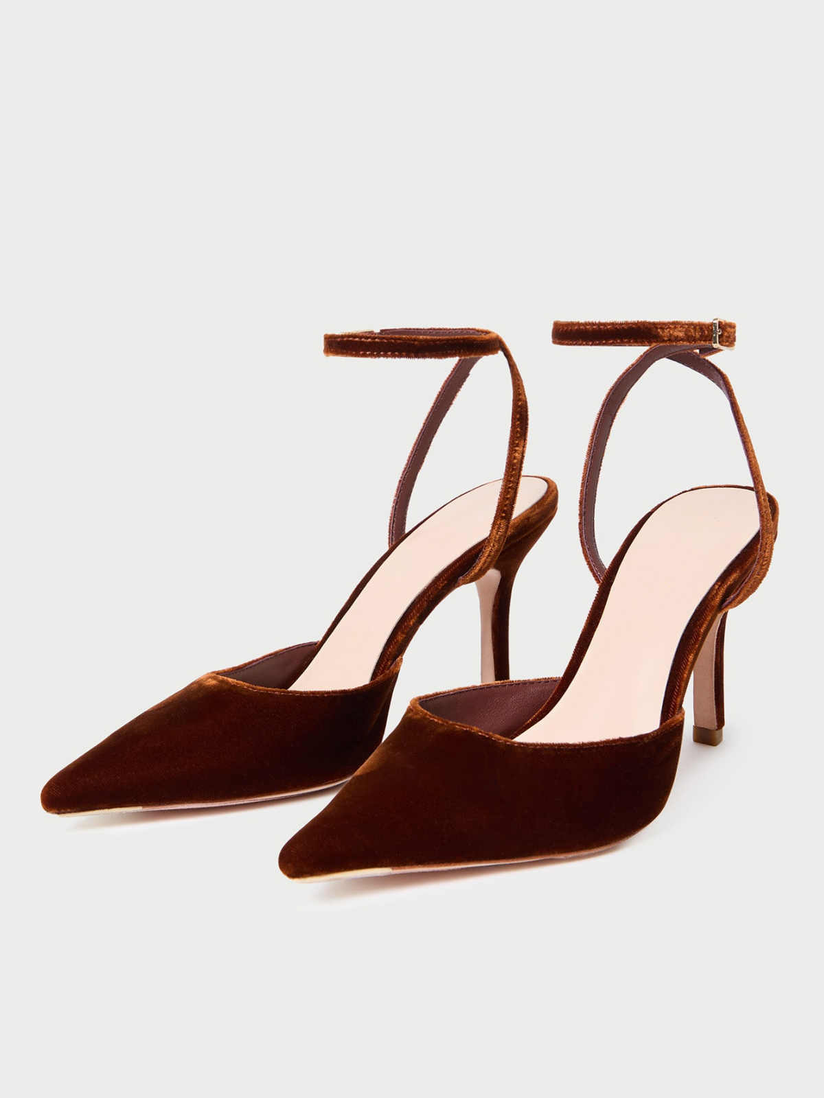 Brown Velvet Pointed-Toe Pump High Heels With Adjustable Buckle Ankle Strap