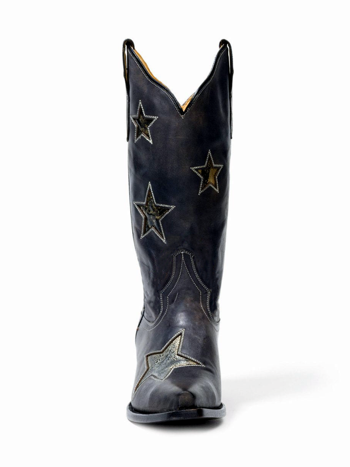 Black Snip-Toe Metallic Star Inlay Wide Mid Calf Cowgirl Boots