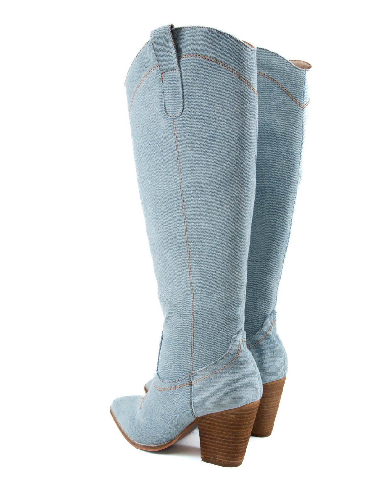 Light Blue Denim Pointed-Toe Wide Calf Tall Knee High Cowgirl Boots