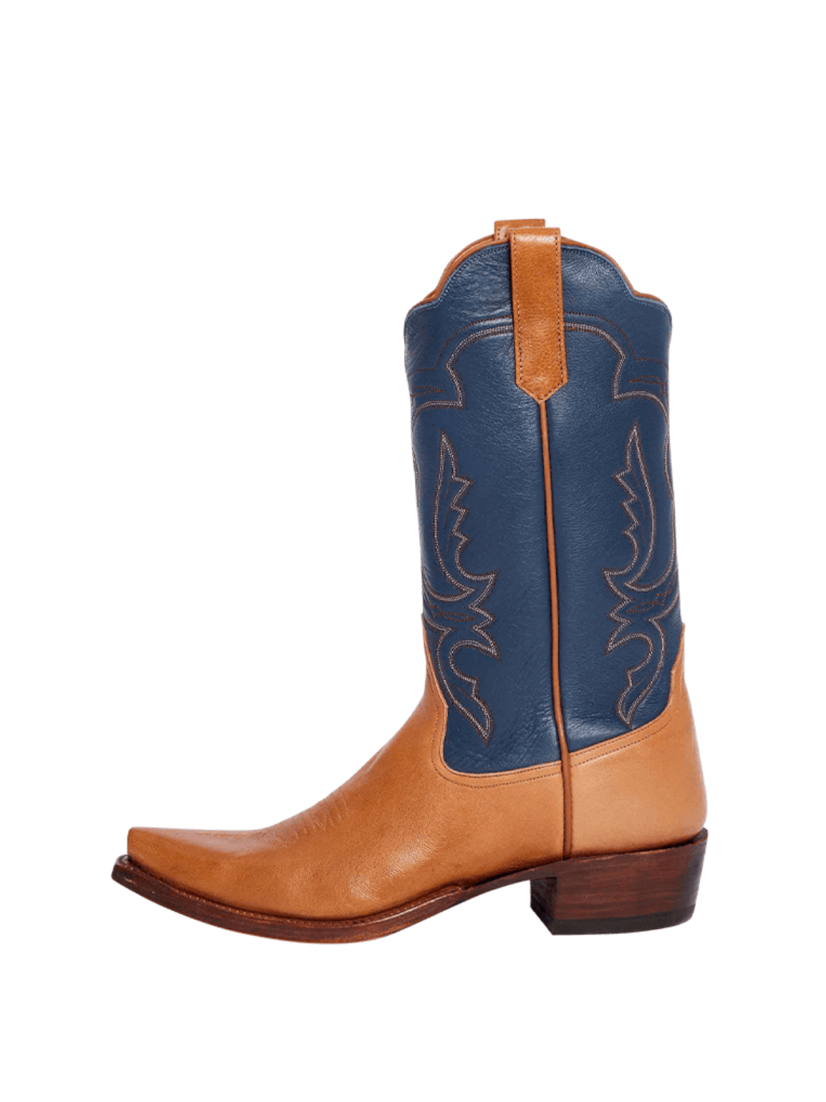 Contrast Navy Blue And Brown Snip-Toe Western Embroidery Wide Mid Calf Cowgirl Boots