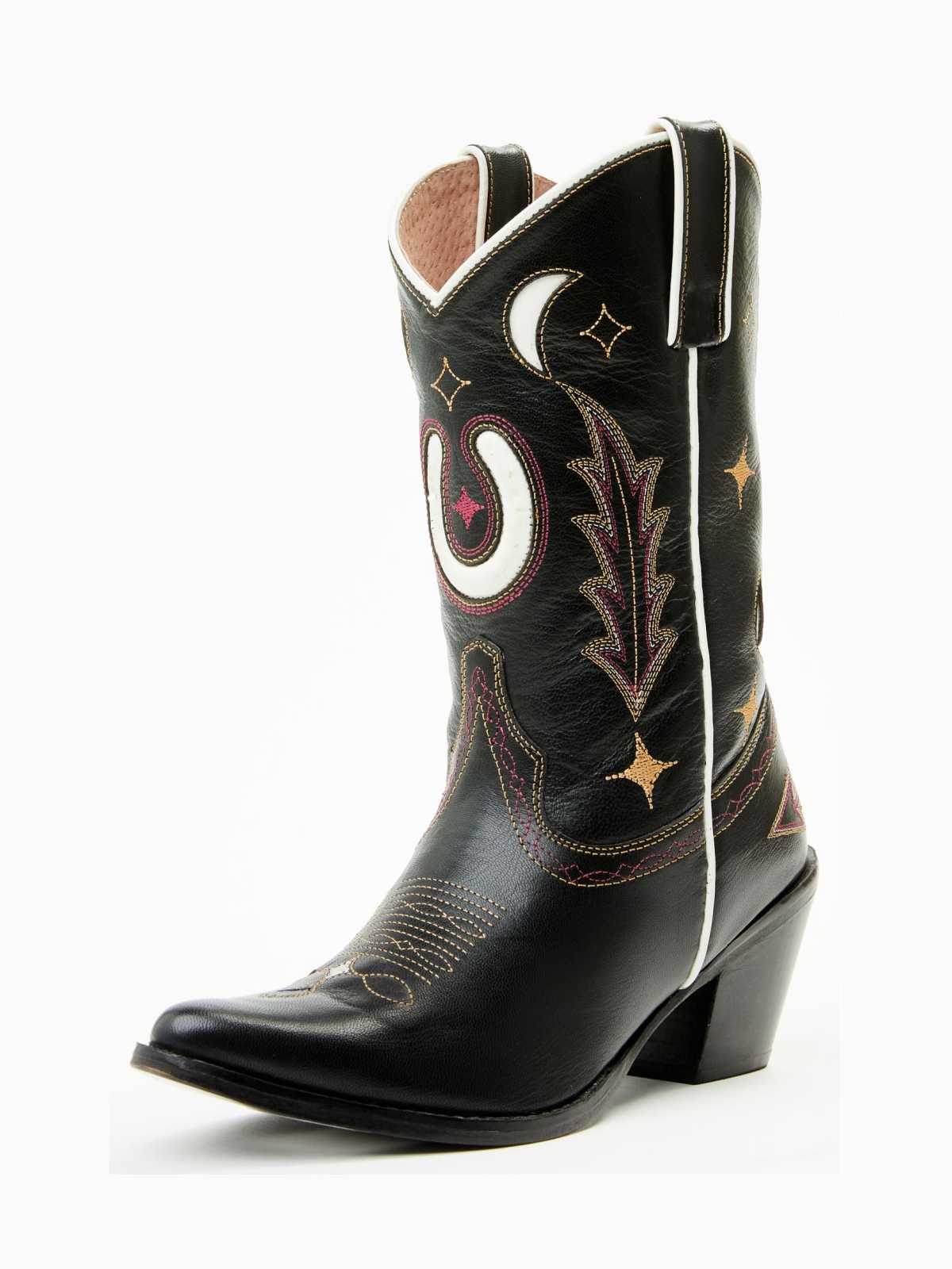 Black Almond-Toe Embroidery Moon Inlay Wide Mid Calf Cowgirl Boots