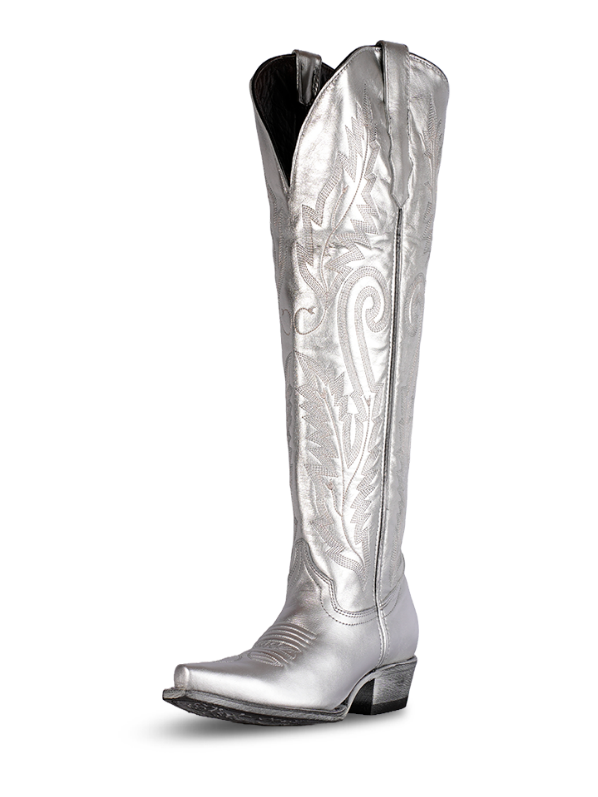 Metallic Silver Snip-Toe Leaf Embroidery Half-Zip Over-The-Knee Cowgirl Boots