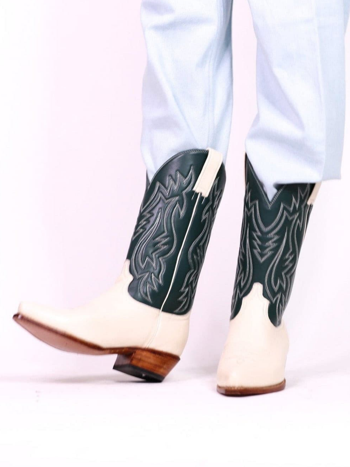 Contrast Cream And Green Snip-Toe Embroidery Wide Mid Calf Cowgirl Boots