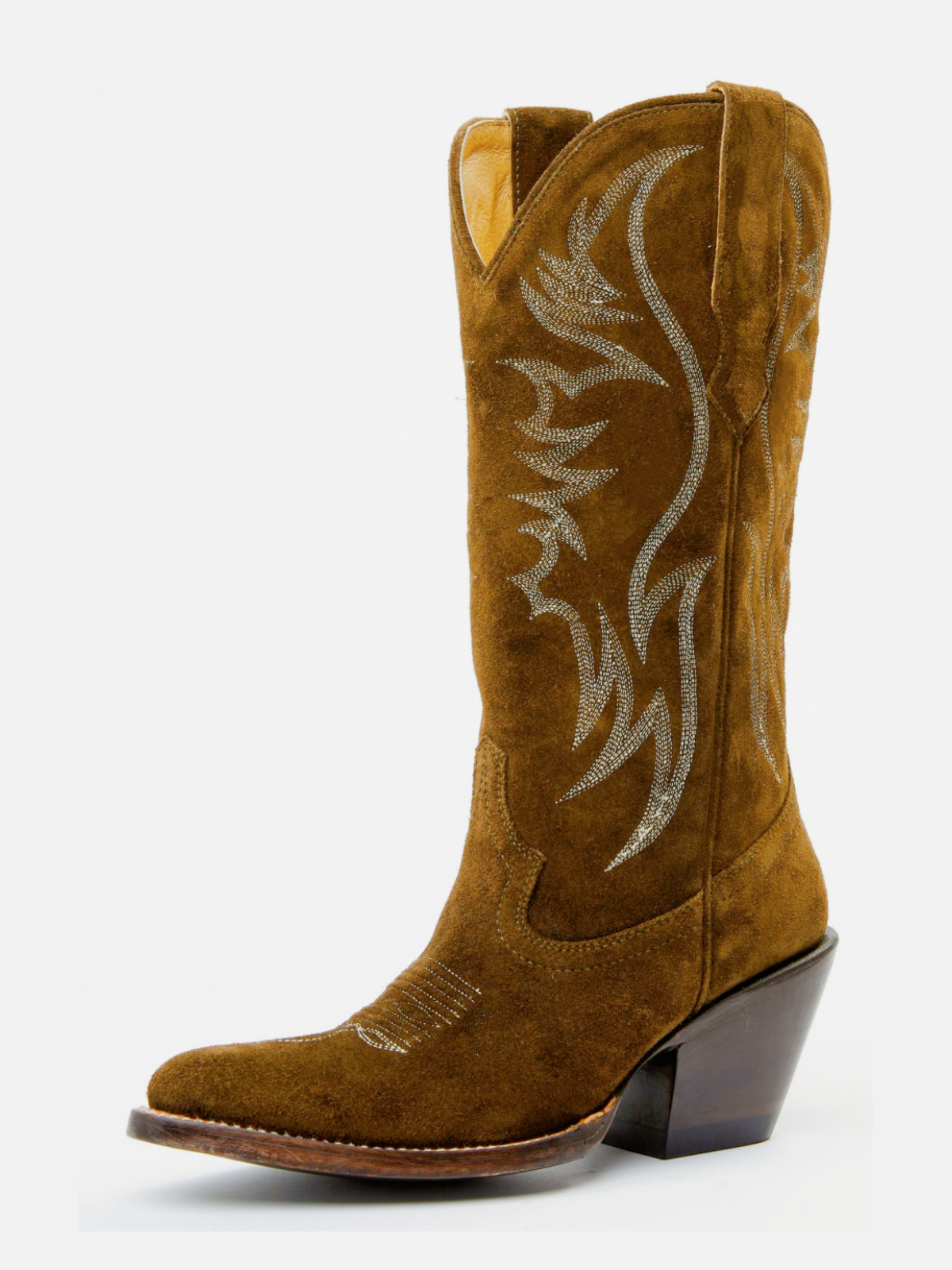 Faux Suede Wings Embroidery Pointed-Toe Wide Mid Calf Tall Cowgirl Boots - Olive Green