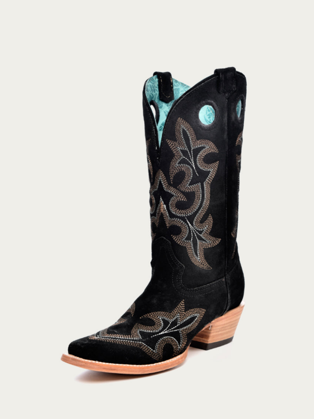 Faux Suede Cut-Out Square-Toe Embroidery Wide Mid Calf Cowgirl Boots - Black