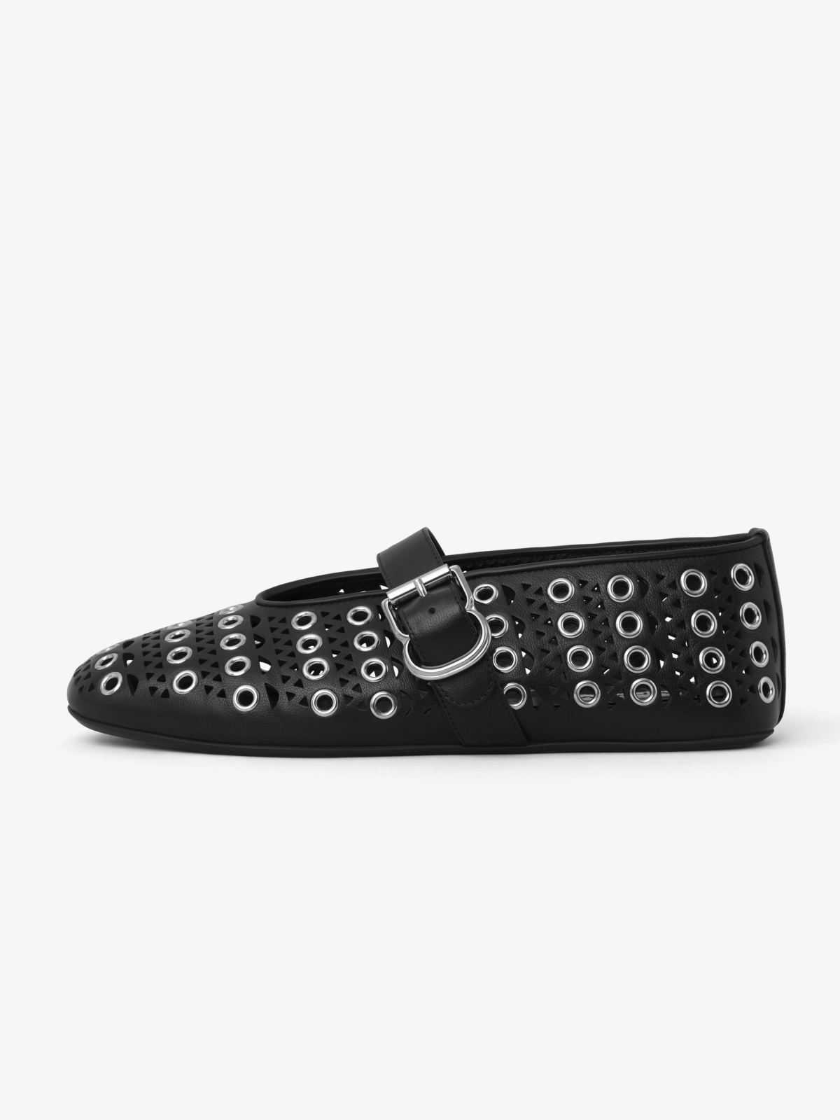 Black Round-Toe Bridge Strap Perforated Metallic Eyelets Ballet Flats