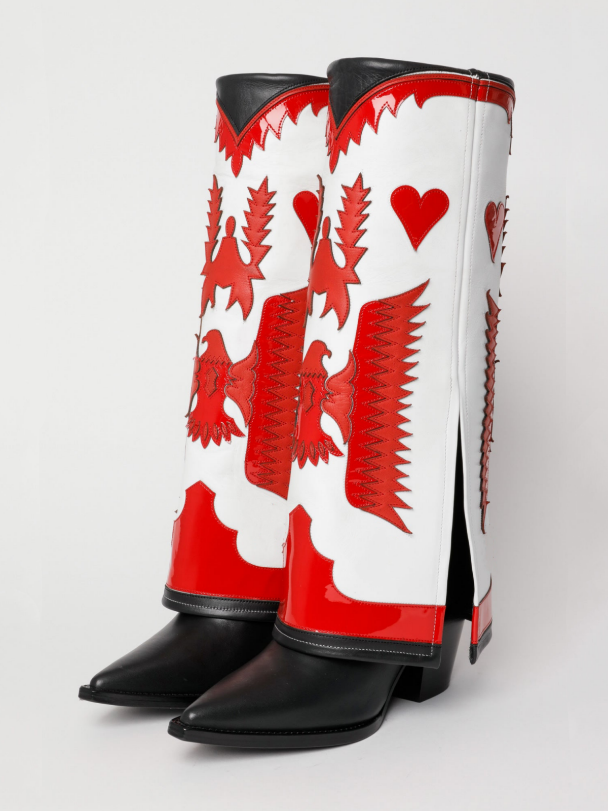 Fold-Over Panel Eagle And Heart Applique Snip-Toe Wide Mid Calf Boots - White And Red