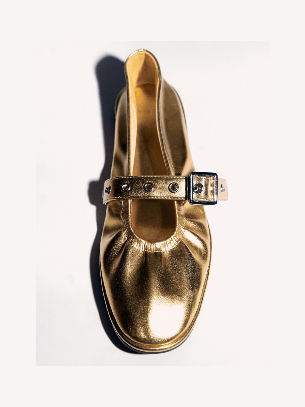 Metallic Gold Round-Toe Strap Closure With Buckle Ballet Flats