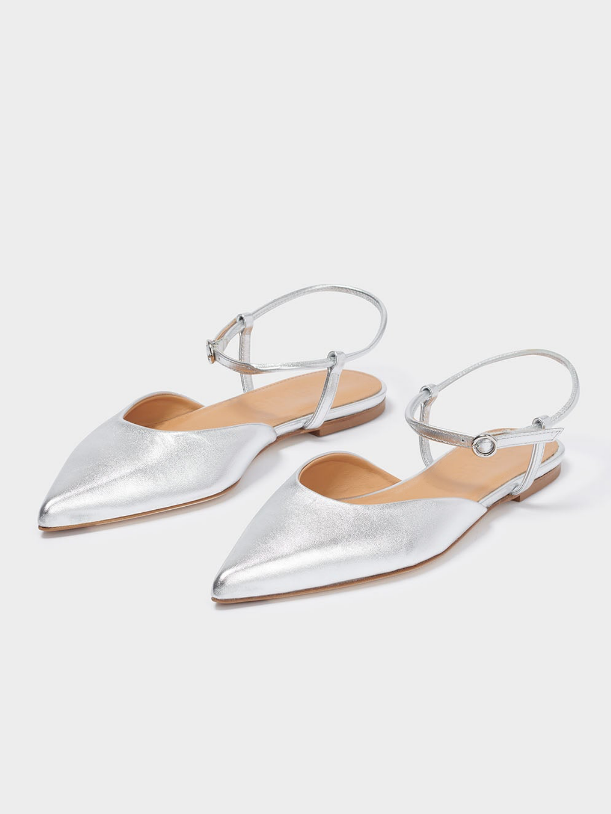 Metallic Silver Pointed-Toe Vegan Leather Flats With Ankle Strap