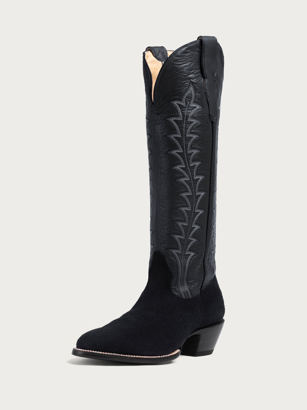 Faux Suede & Vegan Leather Embroidery Almond-Toe Wide Mid Calf Cowgirl Boots in Contrast Black