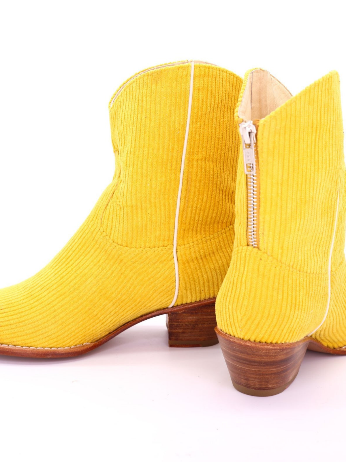 Yellow Striped Velveteen Almond-Toe Back-Zip Mid Calf Cowgirl Boots