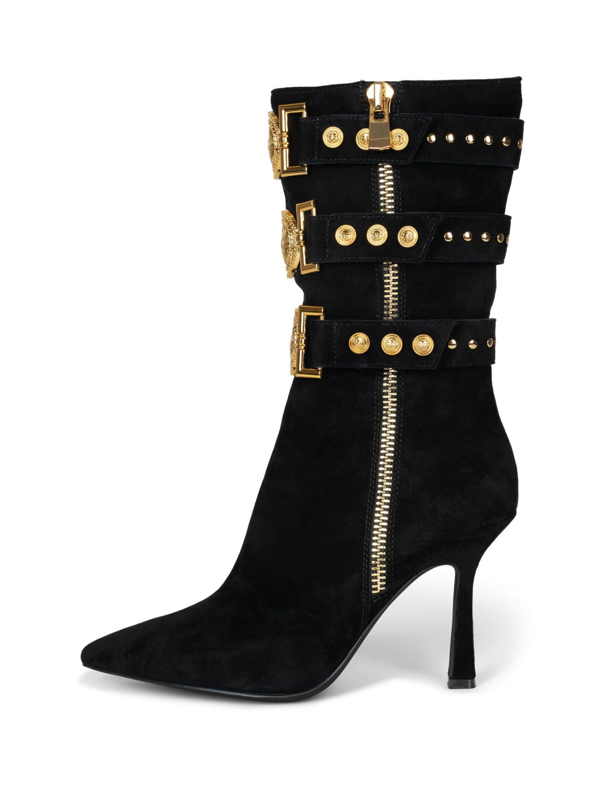 Black Faux Suede Pointed-Toe Full-Zip Mid Calf Stiletto Boots With Straps And Gold Emblem