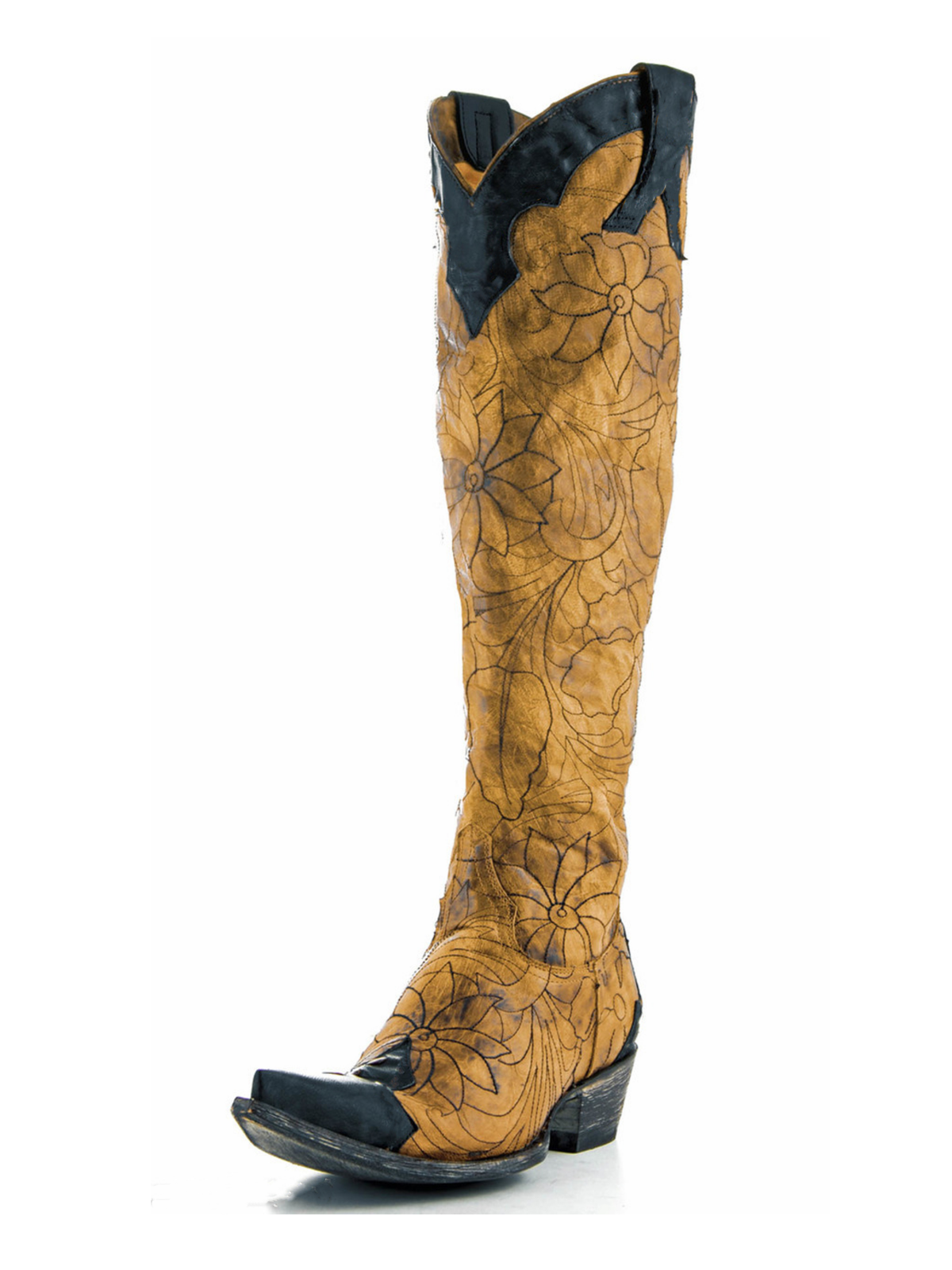 Distressed Yellow Snip-Toe Flower Embroidery Toebox Applique Half-Zip Tall Knee High Cowgirl Boots