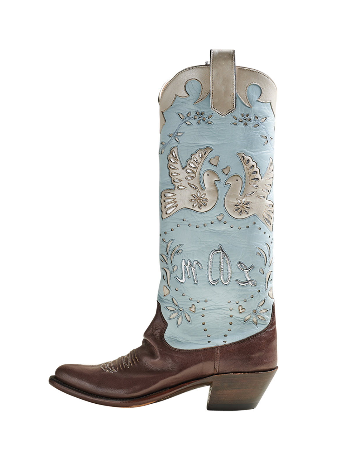 Contrast Tri-Color Round-Toe Peace Dove Inlay And Metallic Applique Wide Mid Calf Cowgirl Boots