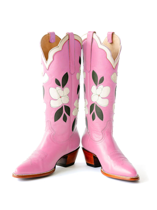 Pink Almond-Toe White Flower Inlay Wide Calf Knee High Cowgirl Boots