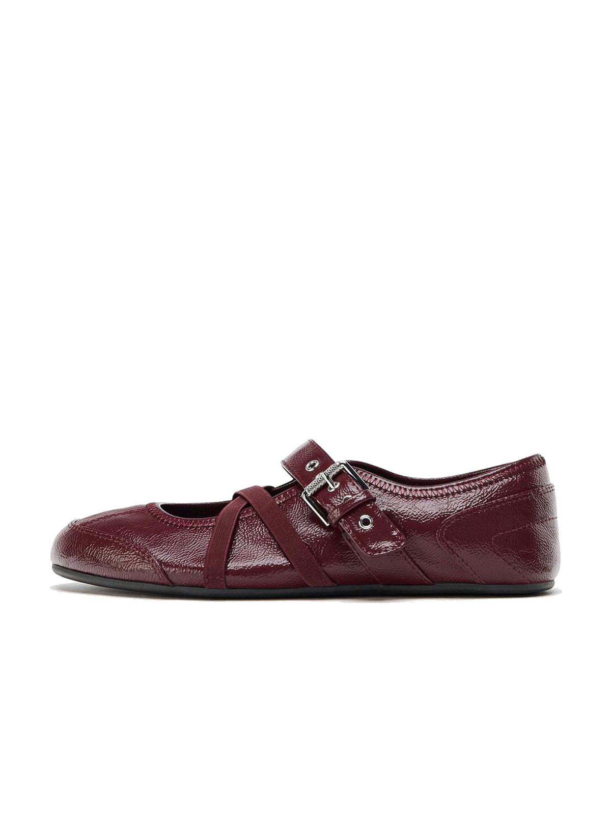 Patent Burgundy Round-Toe Crossed Straps And Buckle Mary Jane Ballet Flats