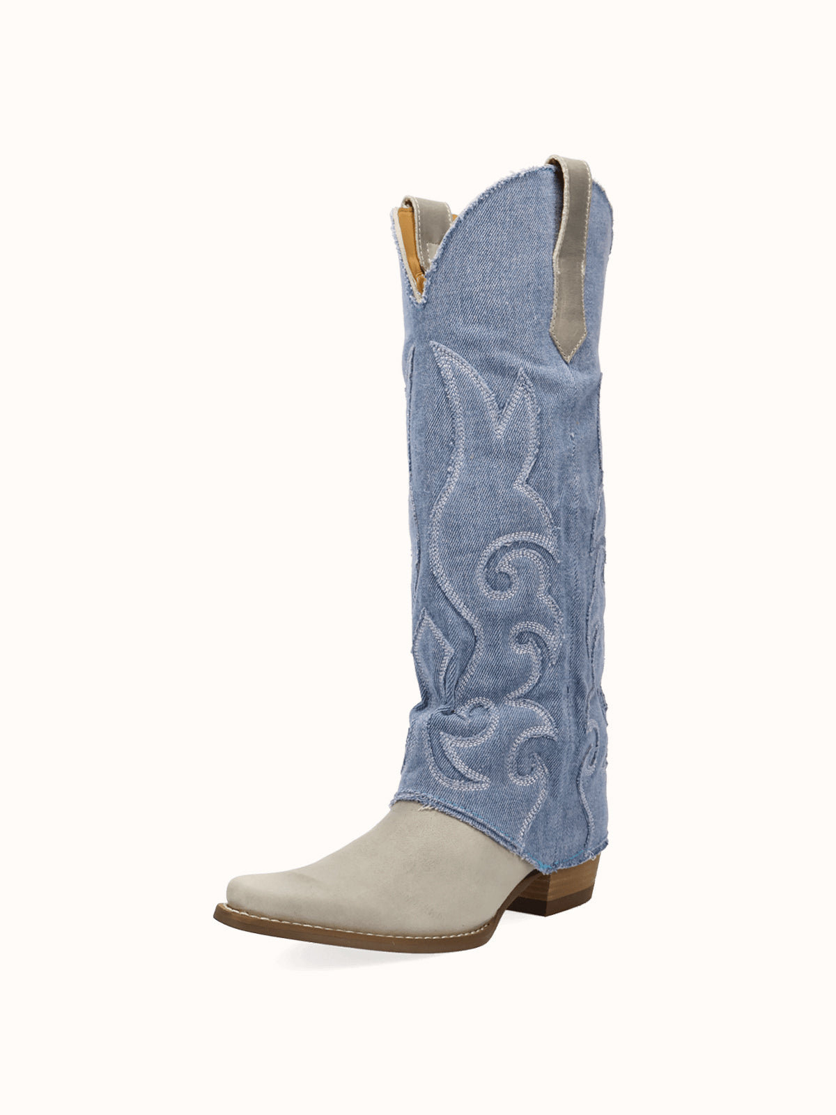 Blue Denim And Bone Snip-Toe Embroidery Fold-Over Wide Calf Knee High Cowgirl Boots