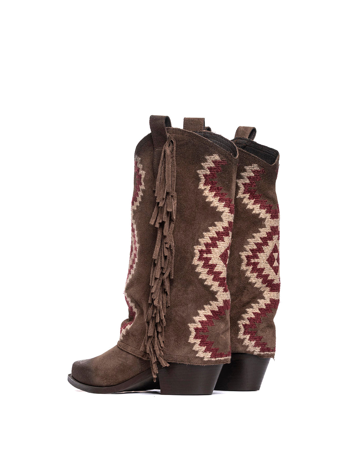 Side Fringe Snip-Toe Embroidery Fold-Over Mid Calf Cowgirl Boots - Coffee Faux Suede