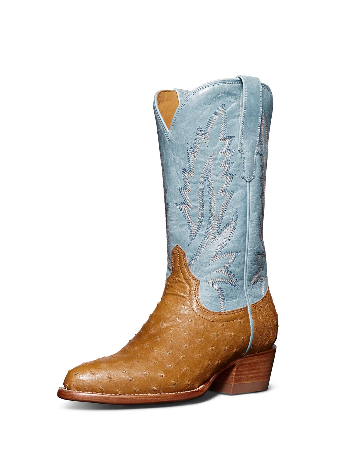 Contrast Blue And Tan Ostrich Print Almond-Toe Embroidery Mid Calf Cowgirl Boots