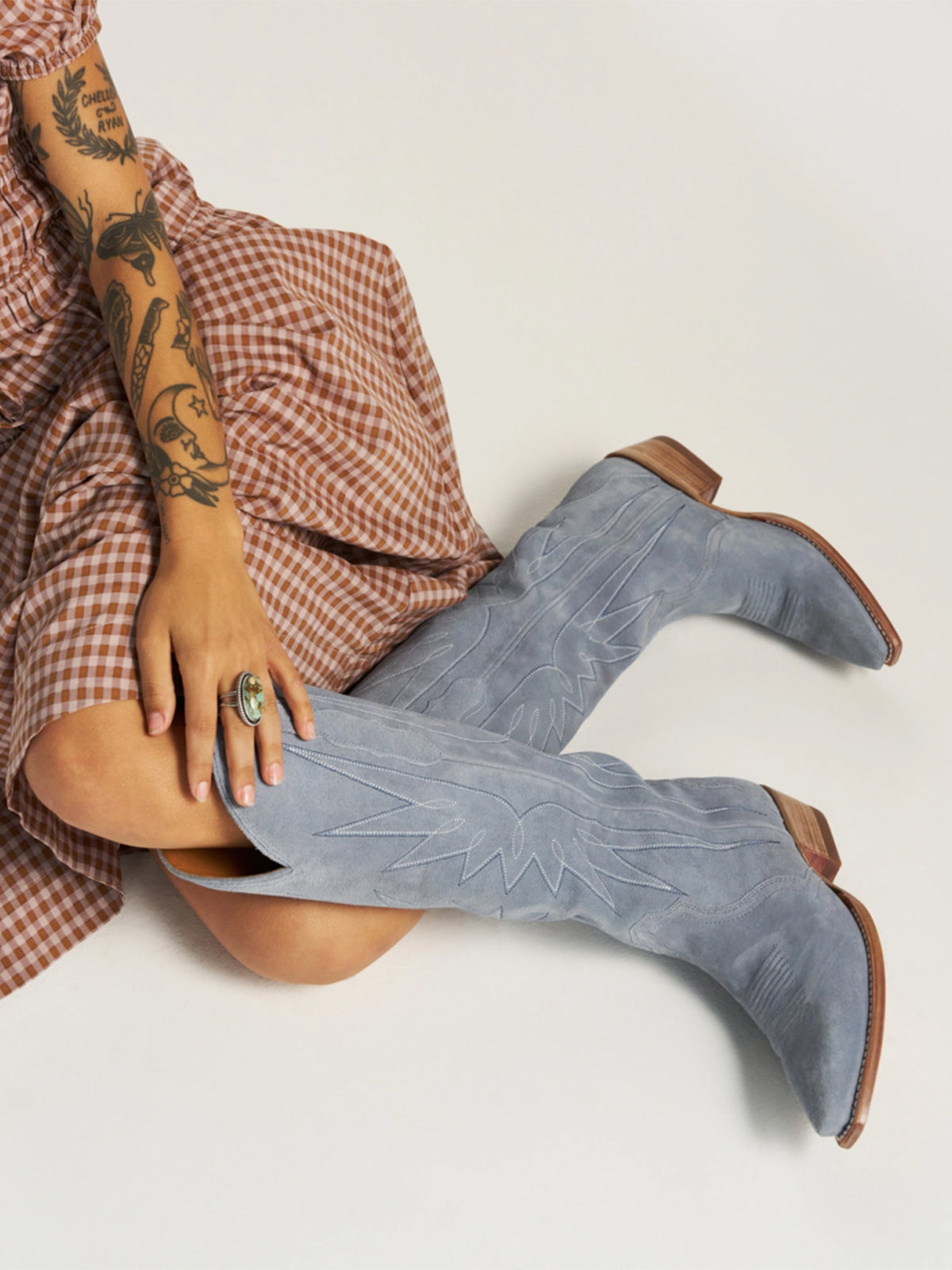 Blue Faux Suede Snip-Toe Stitch Wide Calf Knee High Cowgirl Boots