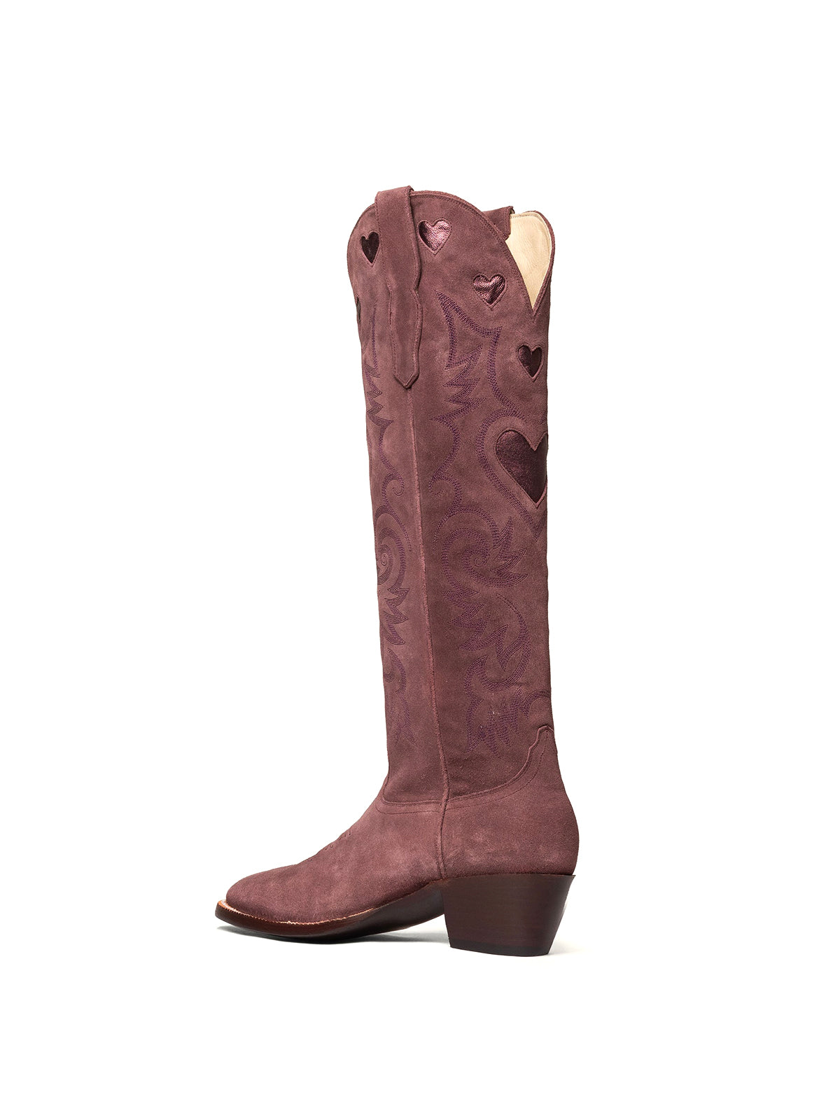 Metallic Heart Inlay Embroidery Almond-Toe Knee High Wide Calf Cowgirl Boots - Wine Red Faux Suede