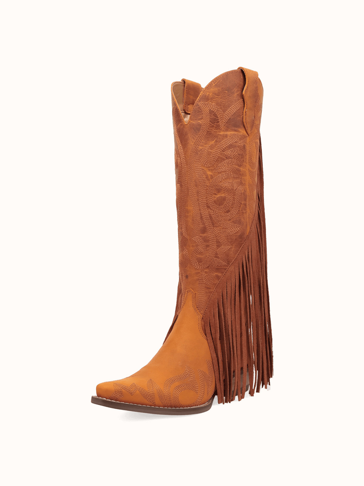 Rust Snip-Toe Faux Suede Side Fringe Embroidery Wide Calf Knee High Cowgirl Boots