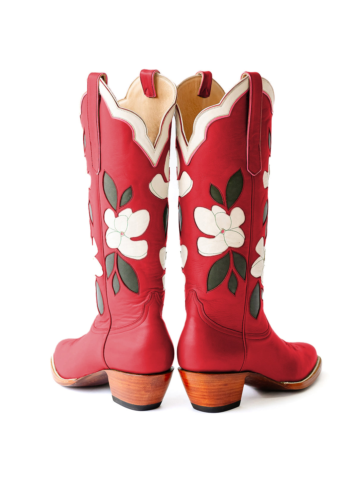 Red Almond-Toe White Flower Inlay Wide Calf Knee High Cowgirl Boots