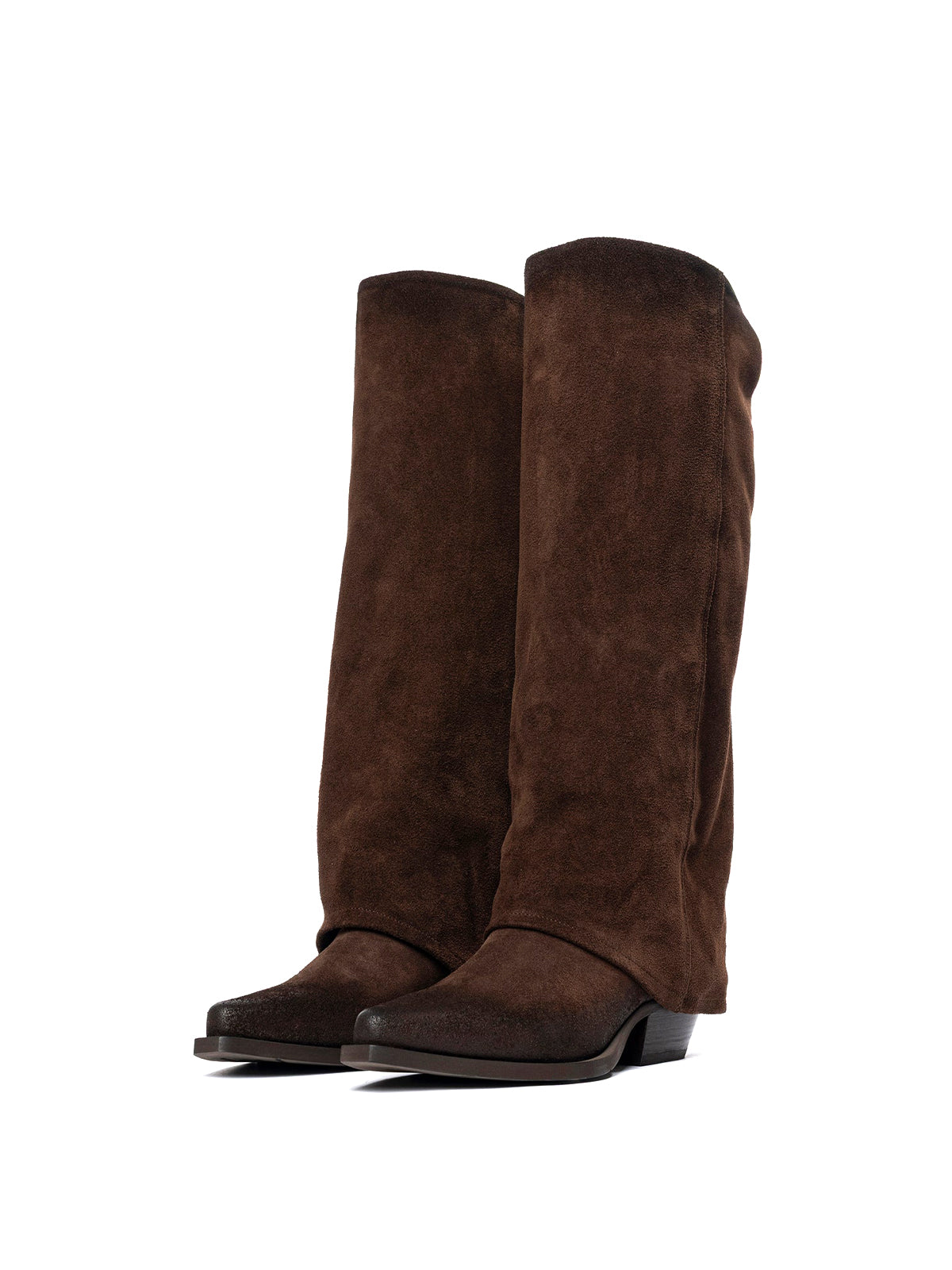 Brown Faux Suede Snip-Toe Fold-Over Wide Calf Tall Knee High Cowgirl Boots