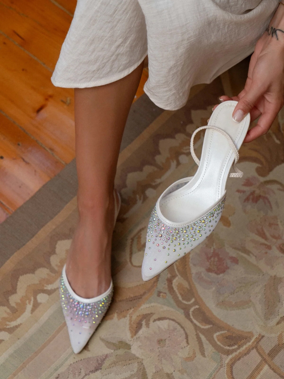 White Rhinestone Mesh Pointed-Toe Slingback Kitten Heels