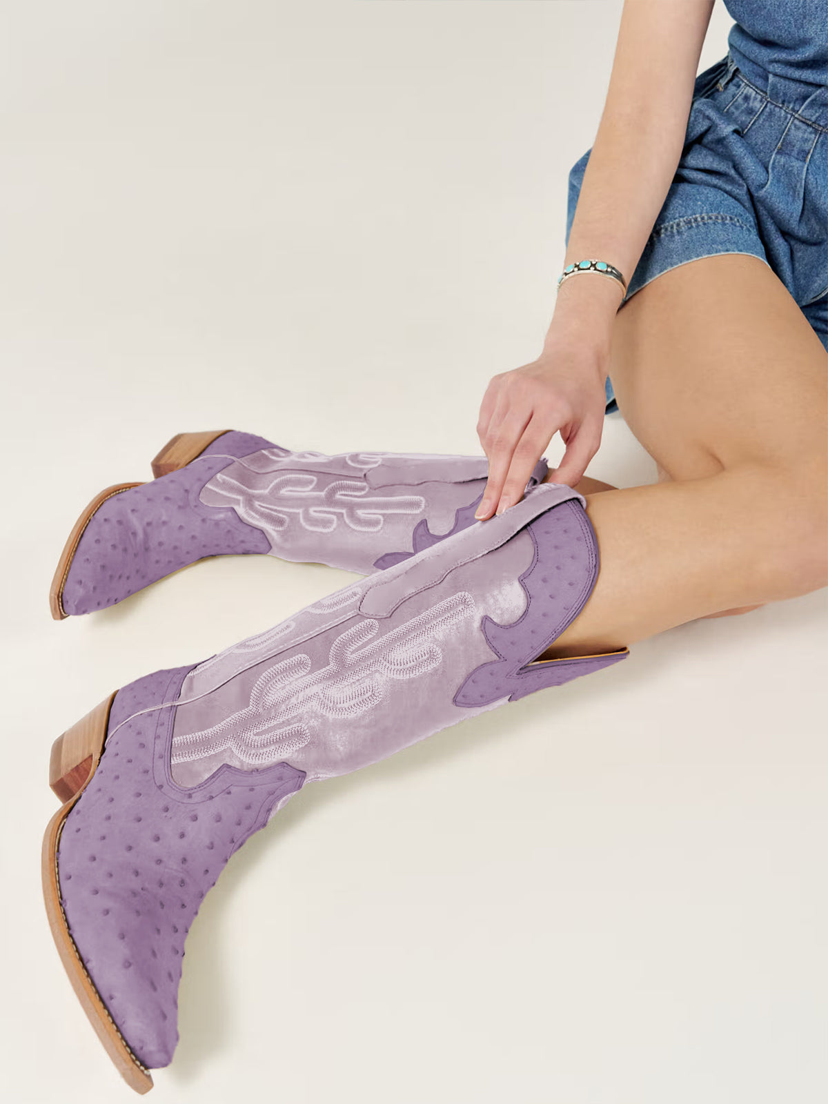 Contrast Purple And Ostrich Print Snip-Toe Cactus Embroidery Mid Calf Cowgirl Boots