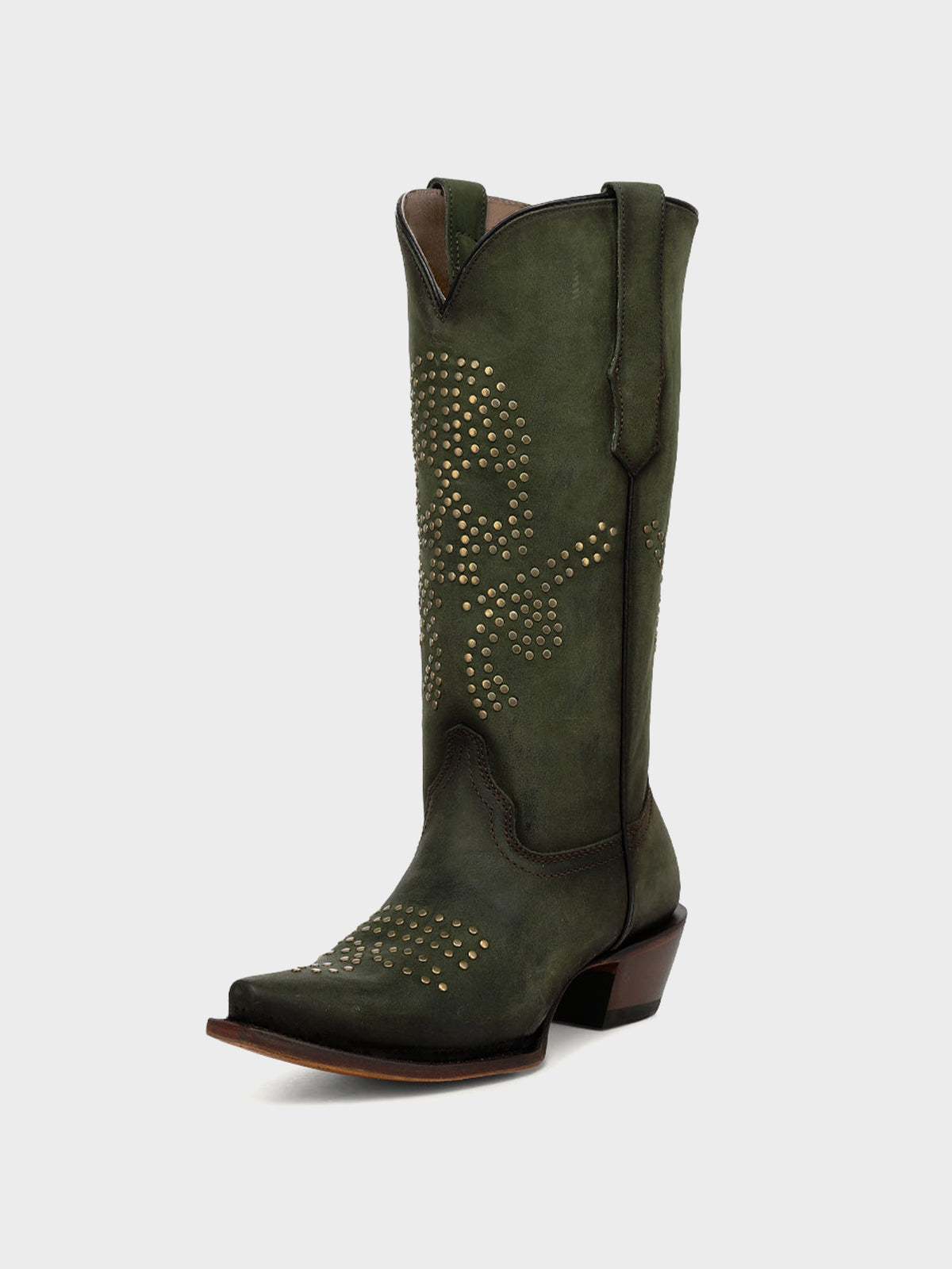 Green Snip-Toe Skull Design With Studs Mid Calf Cowgirl Boots