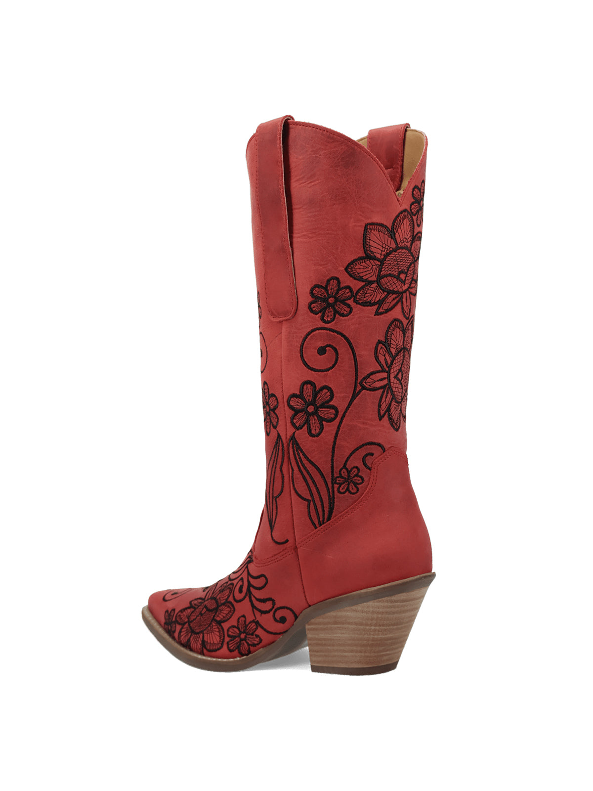 Red Snip-Toe Flourishing Flowers Embroidery Mid Calf Cowgirl Boots