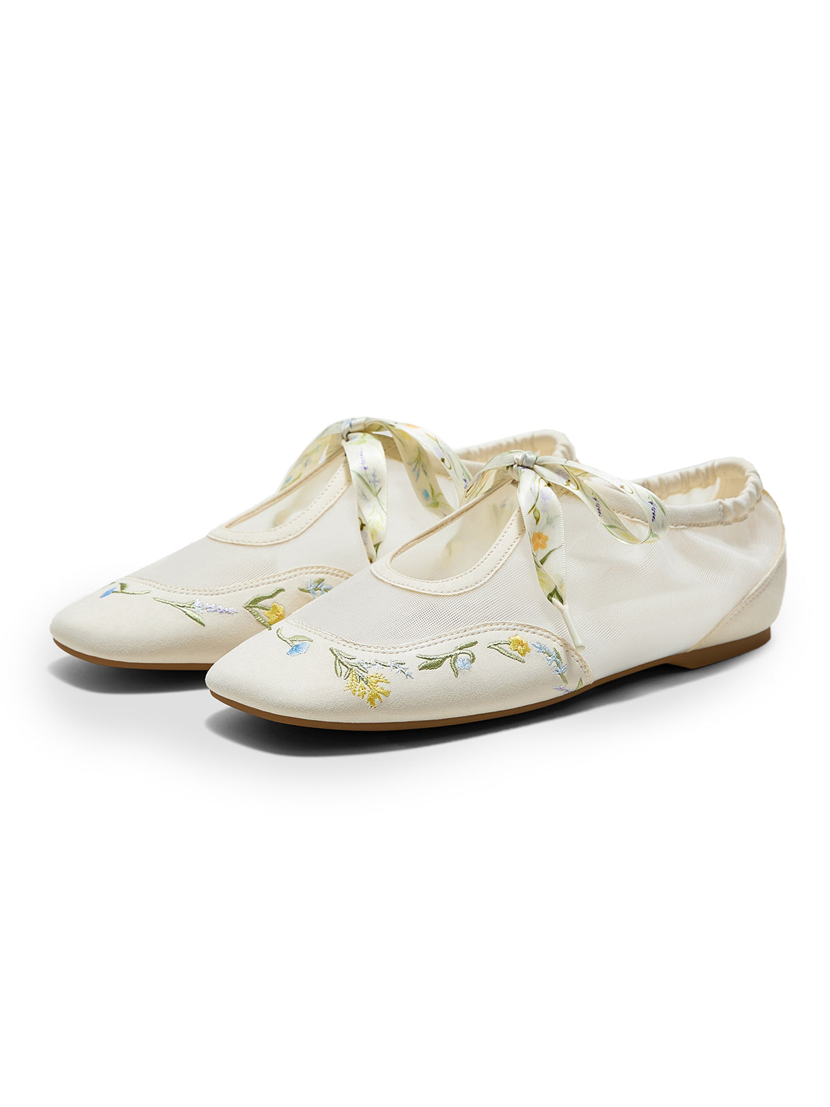 Cream Mesh And Faux Suede Square-Toe Floral Embroidery Bridge Bow Strap Flats