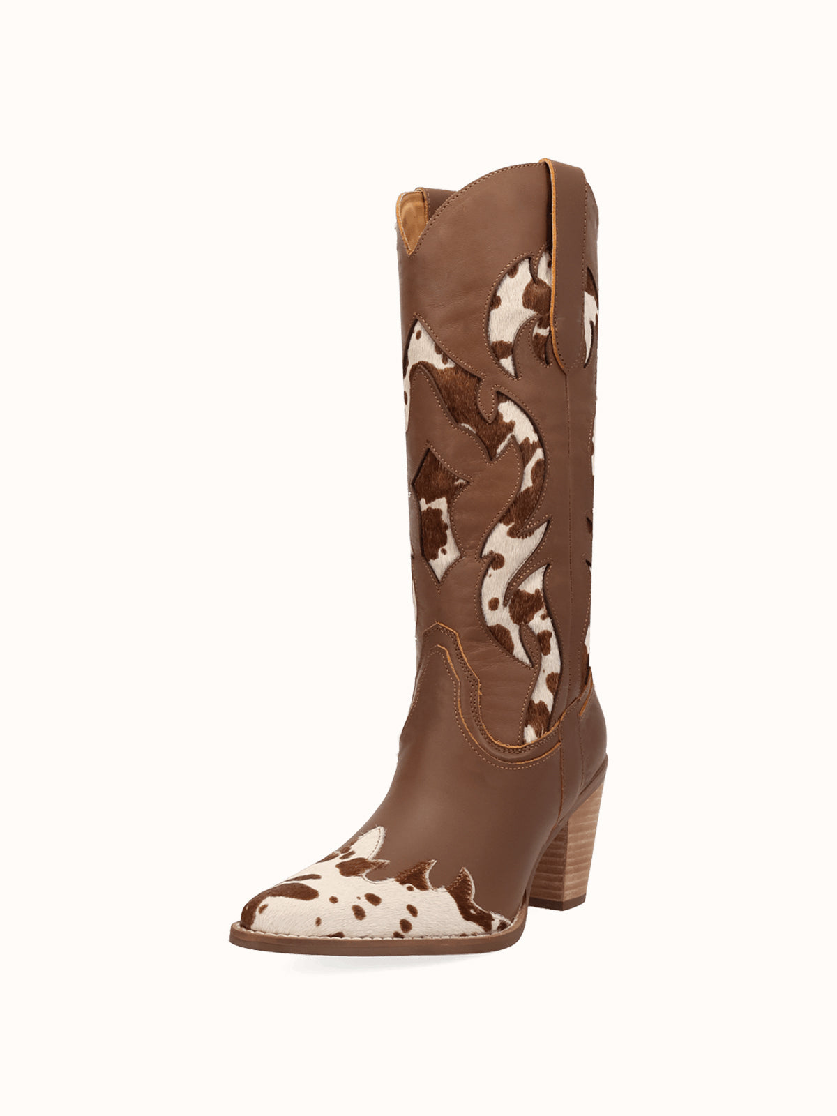 Contrast Brown And Cow Pattern Snip-Toe Mid Calf Cowgirl Boots