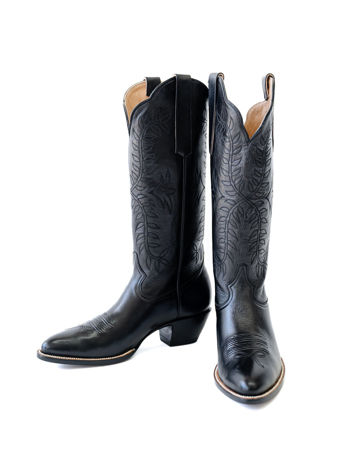 Leaves Embroidery Almond-Toe Wide Knee High Cowgirl Boots - Black