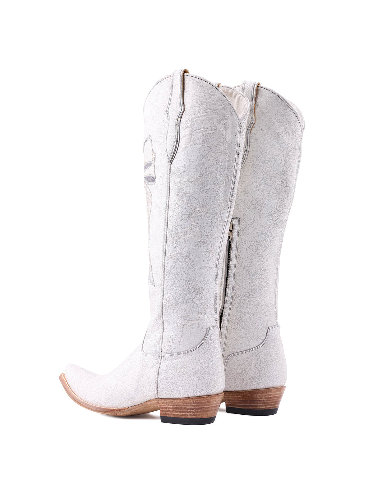 Distressed White Snip-Toe Silver Bowknot Inlay With Studs Half-Zip Knee High Cowgirl Boots