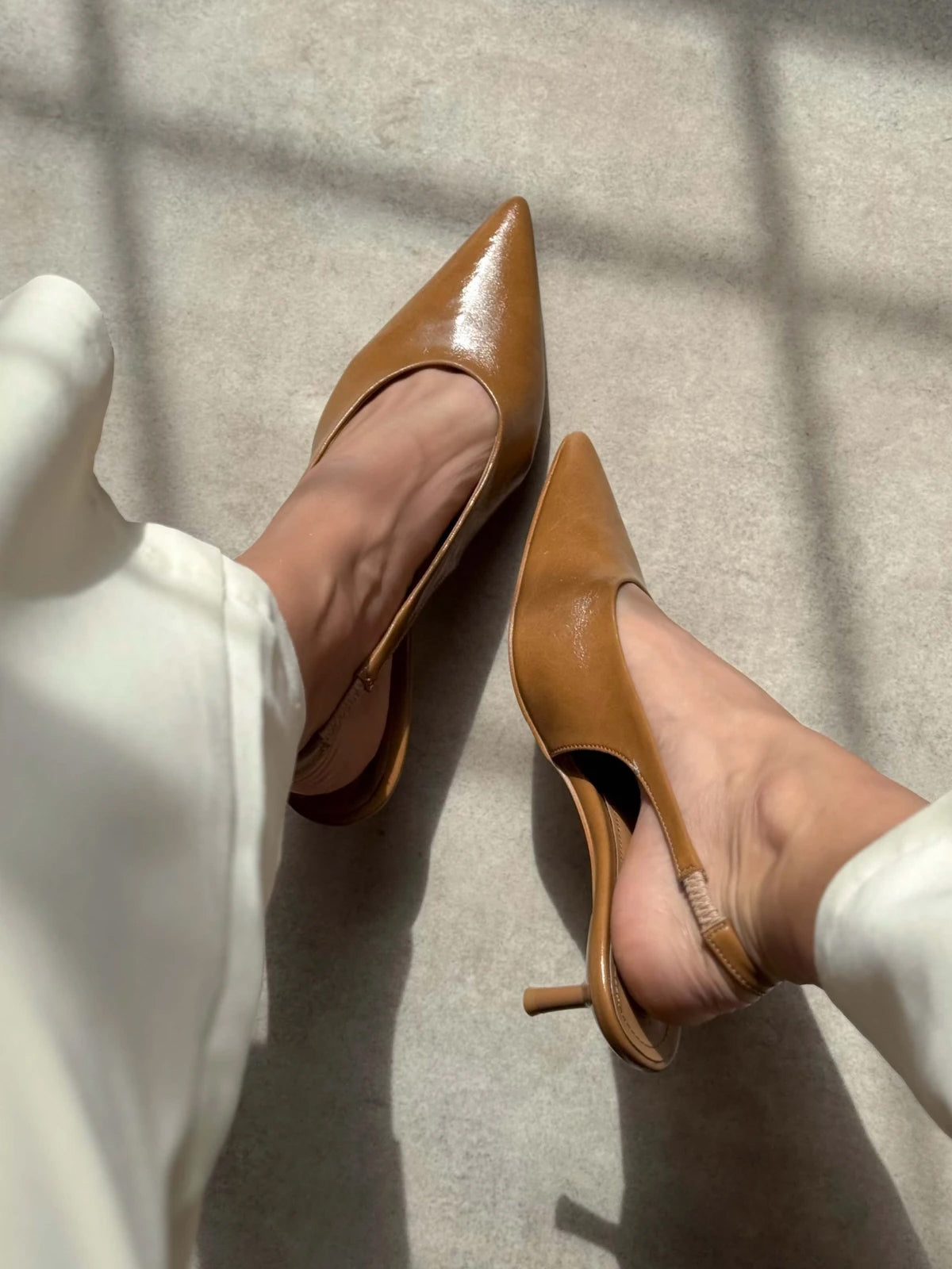 Slingback Pointed-Toe Kitten Heels - Tan
