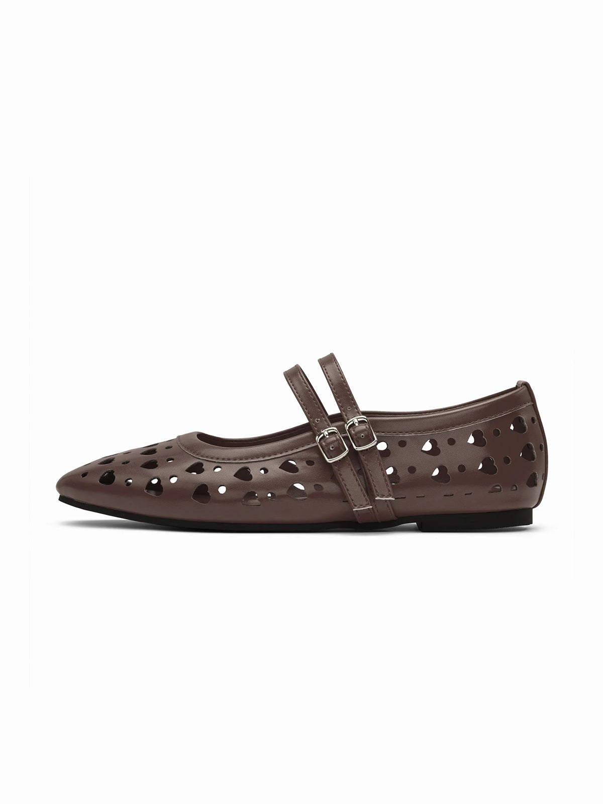 Coffee Square-Toe Heart Cutout Double Mary Jane Flats