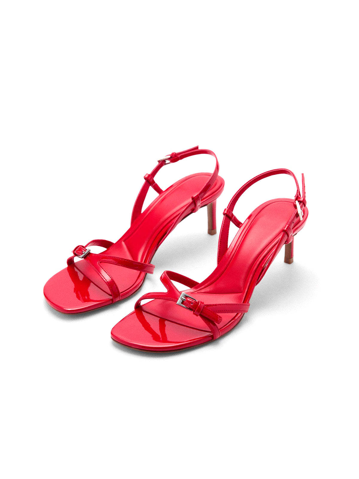 Patent Red Open Square-Toe Buckle Straps Slingback Kitten Heels