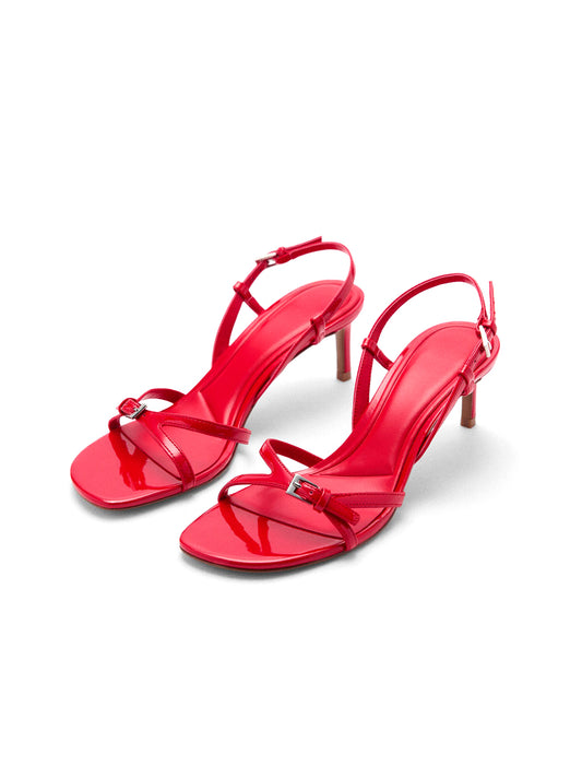 Patent Red Open Square-Toe Buckle Straps Slingback Kitten Heels