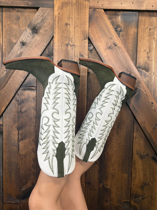 Contrast White And Green Snip-Toe Classic Embroidery Wide Calf Knee High Cowgirl Boots