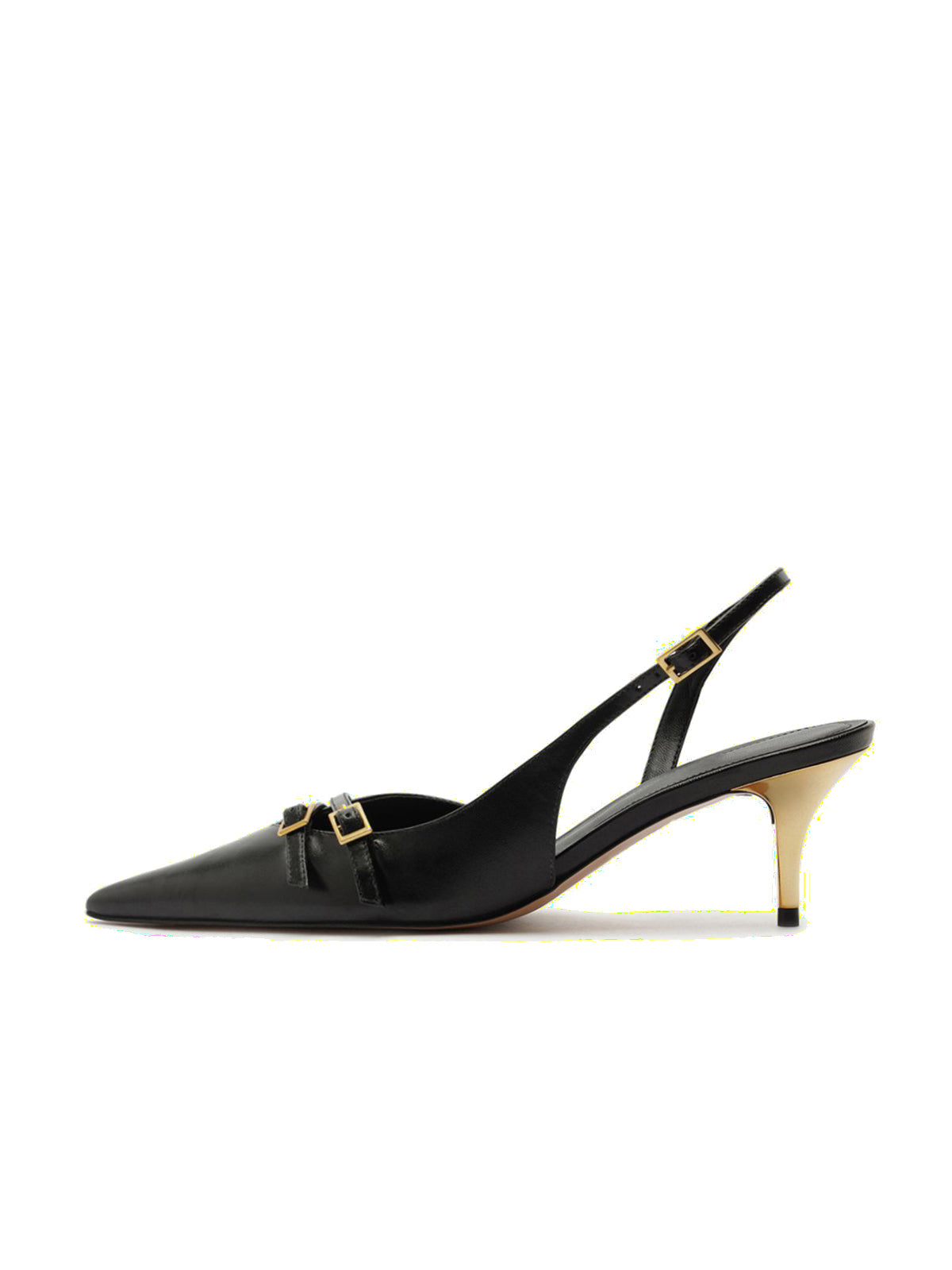 Black Pointed-Toe Front Double Buckle Straps Buckle Slingback Kitten Heels
