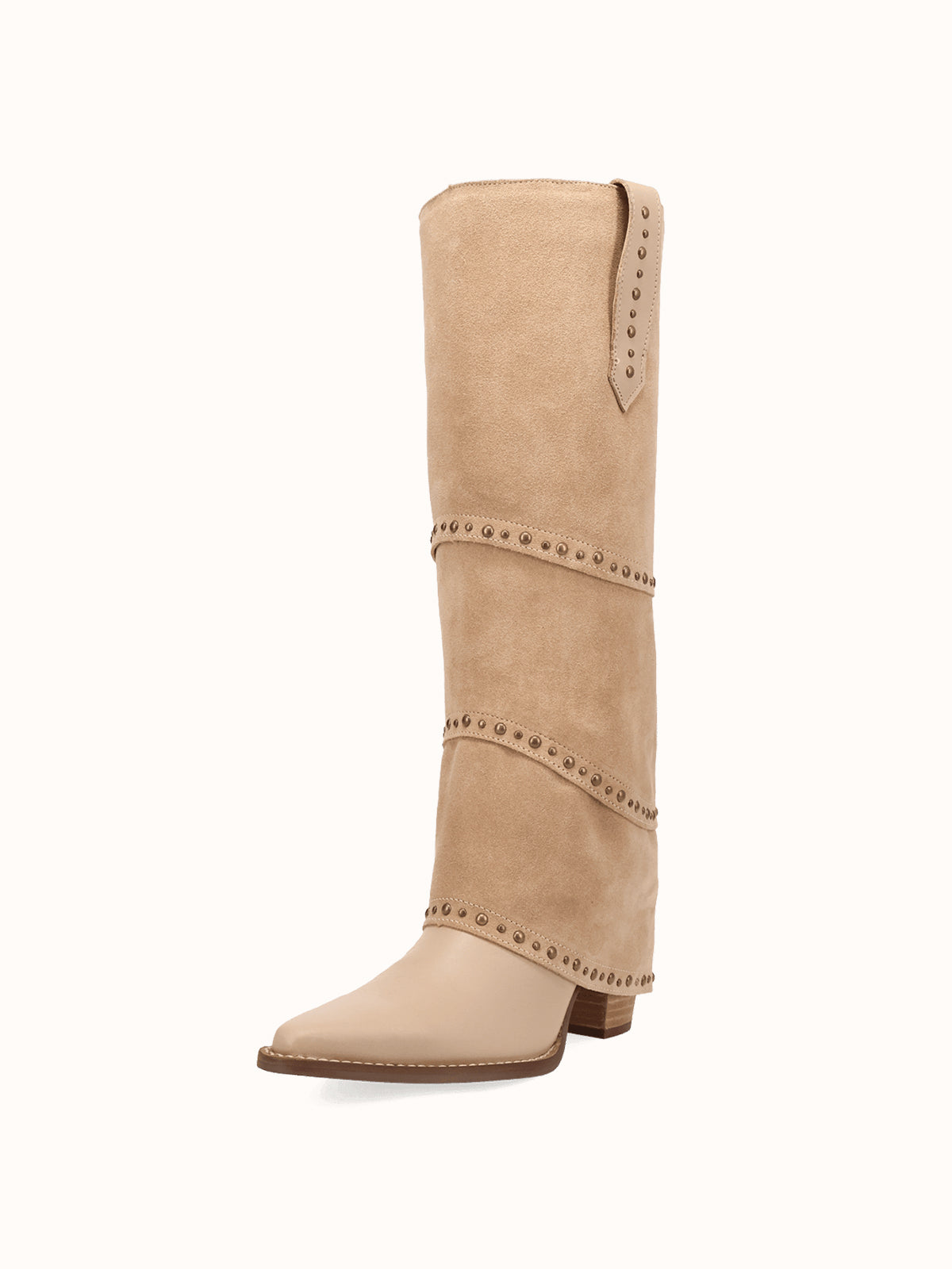 Sand Snip-Toe Faux Suede Fold-Over With Studs Wide Calf Knee High Cowgirl Boots