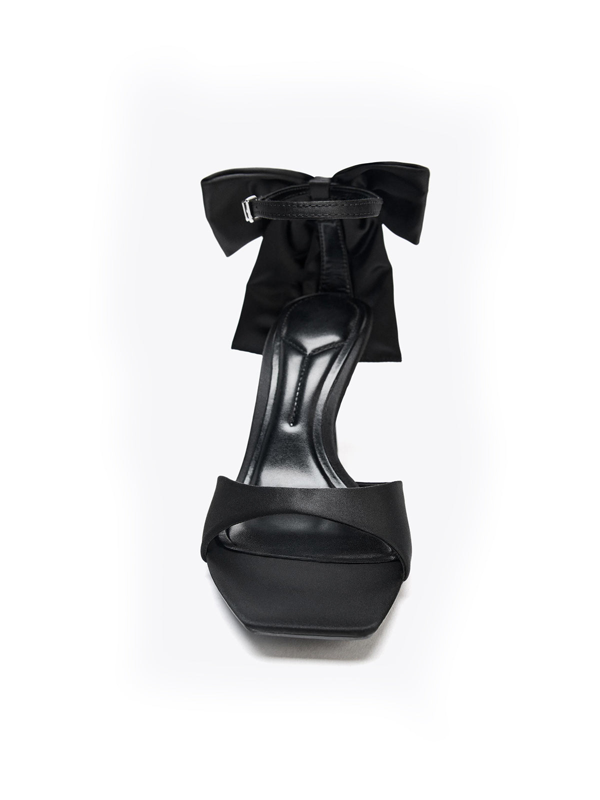 Black Satin Square-Toe Ankle Strap With Bow High Heels